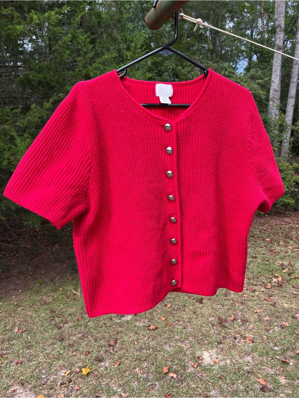 H&M Red Ribbed Short-Sleeve Button-Front Top